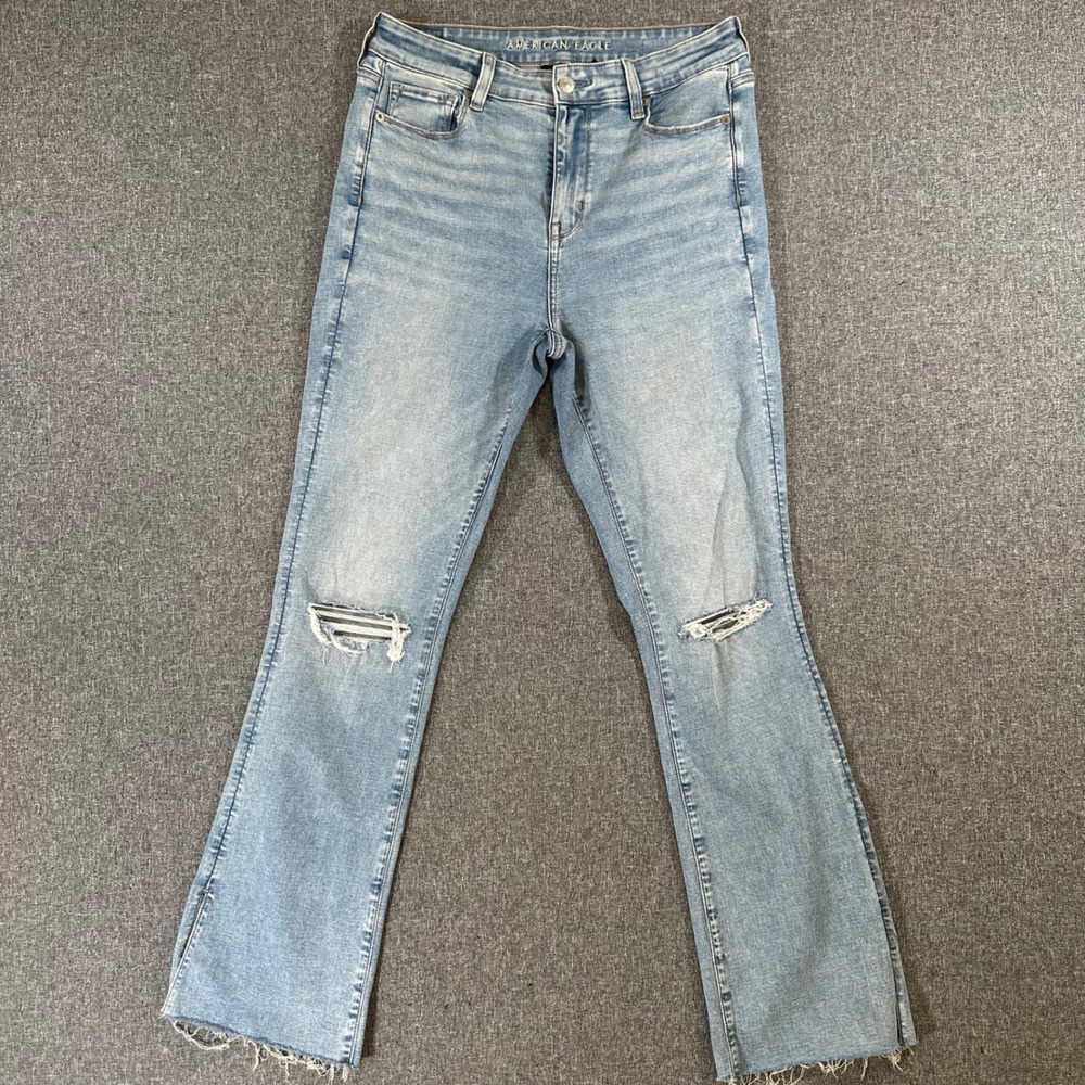 American Eagle High Rise Skinny Kick Jeans 10 Regular Blue Distressed Flare
